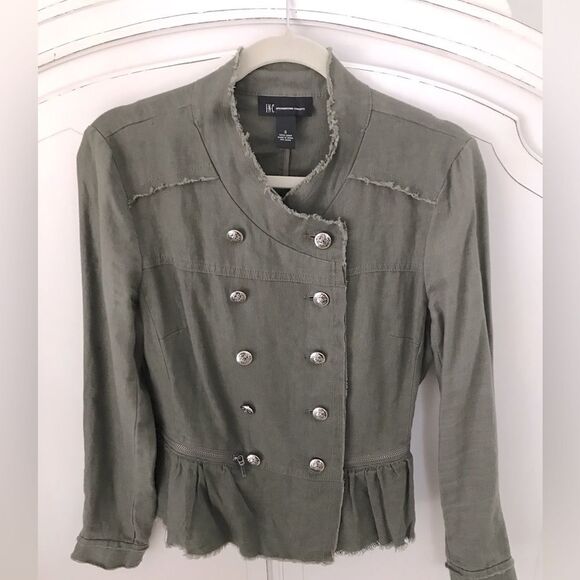 INC Olive Green Linen Military Style Jacket Small - Picture 1 of 7